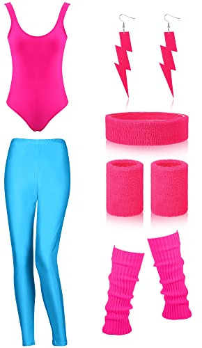 Frauen 80er Jahre Workout Kostüm Outfit Zubehör Set Leggings Stirnband Armbänder Beinstulpen Ohrringe für Party Sport