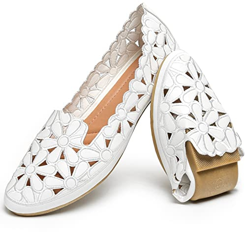 HEAWISH Women's Floral Ballet Flats for Women Black Beige Slip On Flowers PU Leather Round Toe Dress Shoes(White,US7)