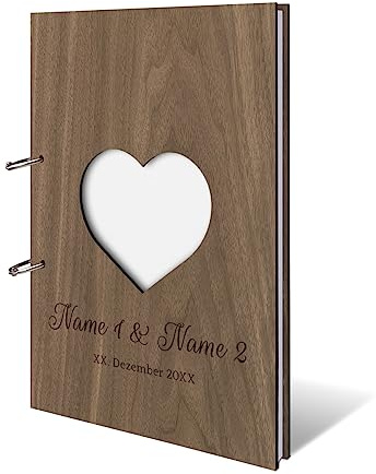 Personalisiertes Hochzeit Gästebuch echtes Holz lasergeschnitten DIN A4 Hochzeitsbuch mit Lasergravur - Herz - mit 72 Blatt / 144 Seiten Naturpapier Weiß