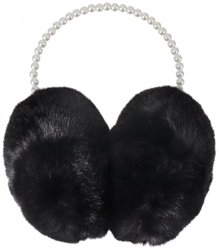 TENDYCOCO Elegante PlüSch OhrenschüTzer Damen Schwarz - Weiche OhrenwäRmer Mit Perlen Design, Ideal FüR Wintertage, Outdoor-AktivitäTen Und Als Geschenk