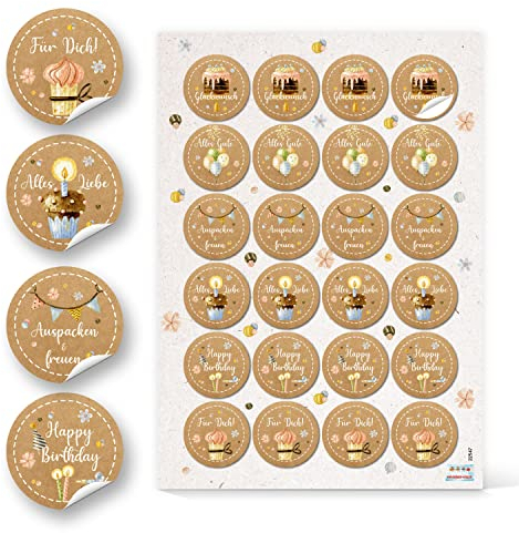 Spruchaufkleber mit Glückwünschen, 24er Set: Runde Sticker Geburtstag, Aufkleber Rund, Spruch Geschenke, Geschenkaufkleber Happy Birthday, Sprüche zum Aufkleben, Give-Away Kraftpapier, Klein, ⌀ 4 cm