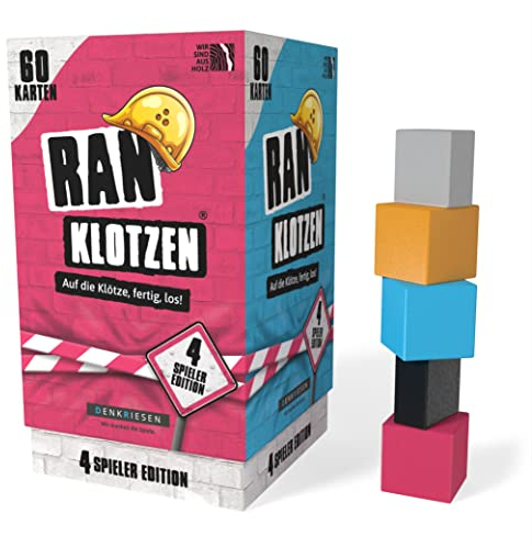 DENKRIESEN - RANKLOTZEN - „Auf die Klötze, fertig, los!“ | Ab 2 Spieler | Familienspiel | Geschenkidee | 4 Spieler Edition | Schnelligkeit, Geschick und verrückte Aufgaben | Spaß für die ganze Familie