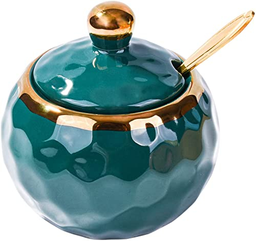 Azucarero de cerámica, forma de golf, azucarero de cerámica con tapa y cuchara dorada para el hogar y la cocina (blanco) (verde)