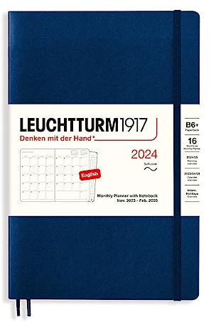 LEUCHTTURM1917 367577 Monatsplaner mit Notizbuch, Softcover, Paperback (B6+) 2024, 16 Monate, Navy, English