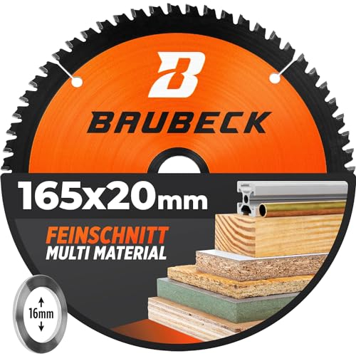 BAUBECK Sägeblatt 165x20 inkl. 16mm Reduzierring - Multi Material Feinschnitt - Kreissägeblatt 165x20 für Holz, Aluminium, Metall uvm. - Sägeblatt 165 - Kreissägeblatt 165x16
