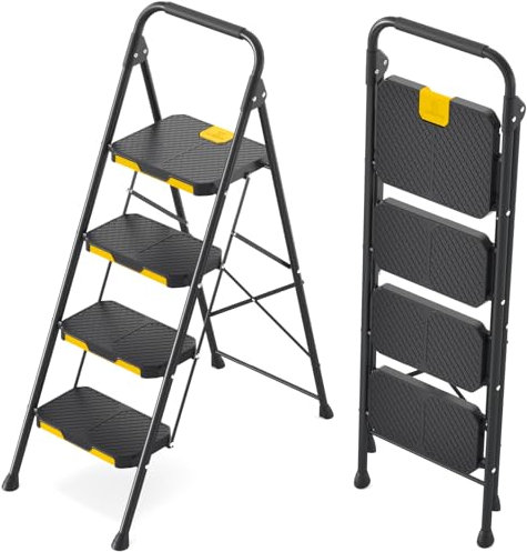 KINGRACK 4 Step Ladder, Step Ladder 4 Step Folding with Anti-Slip Wide Pedal and Handrails, Lightwight Household Ladder for Your Kitchen, Pantry, Closets, Office Use
