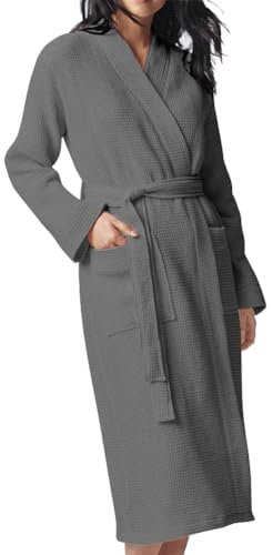 flintronic Våffelmorgonrockar unisex, våffelkimono badrock morgonrock, lång rock bomull lätt badrock för spa hotell myskläder nattkläder alla årstider, Grått, L