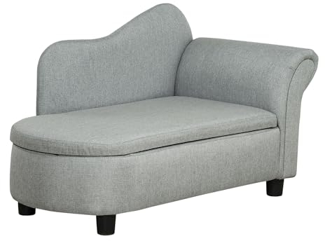 HOMCOM Kindersessel, Kindercouch, Kindersofa mit Stauraum, Chaiselongue für Kinder 1,5-3 Jahre, Schlafsofa für Kinderzimmer, Leinenoptik, Massivholz, Hellgrau, 80 x 40 x 49 cm