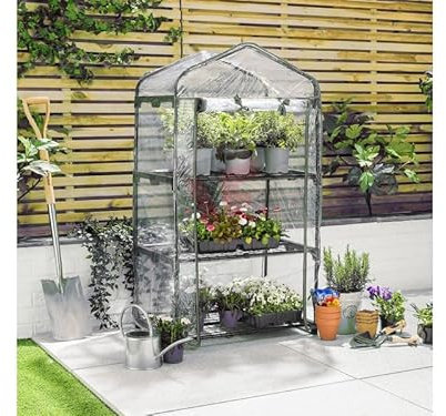 Serra da Giardino e Balconi in acciaio con copertura in PVC impermeabile per Orti, Piante e Fiori (3 Ripiani - 69x49x130H cm)