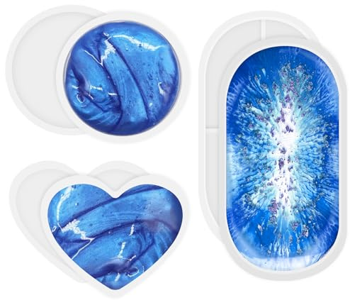 RISVOWO Stampi per Resina Epossidica, 3 Pezzi Resina Epossidica Trasparente Kit Rotondo Ovale a Forma di Cuore, Stampi in Silicone per Fare Piatti, Fare Coaster,Creazione di Artigianato,Vassoio