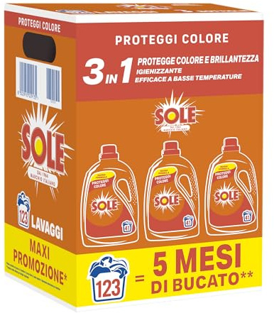 Sole Detersivo Lavatrice Proteggi Colore 123 Lavaggi, Formula igienizzante, Detersivo Lavatrice Liquido Proteggi Colore, rimuove le macchie a basse temperature