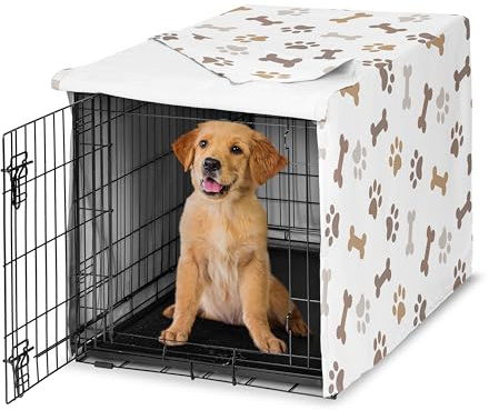 Sweet Jojo Designs Hundekäfig-Abdeckung mit Knochenpfotenabdruck, Hundehüttenabdeckung für 91,4 cm Haustierkäfig, Größe M, neutrales Grau, Taupe, Braun, modern, gebrochenes Weiß, Grau, Hellbraun