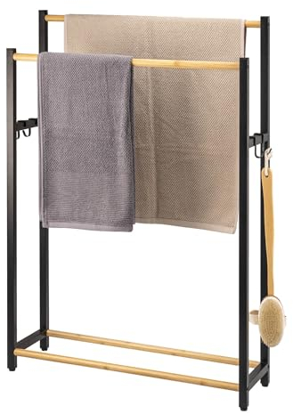 eluno Porte-Serviettes sur Pied en métal avec Bambou, Extra Large, pour Grandes Serviettes de Douche, Porte-Serviettes de Bain, avec 2 Barres Porte-Serviettes et 4 Crochets (Noir)