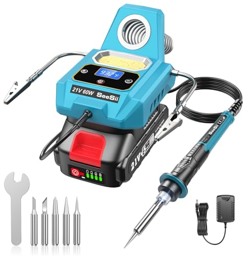 Seesii Stazione Saldatura - MTD01 60 W Saldatore a Batteria 21 V 2,0 Ah con LCD Schermo, Kit di Stazione di Saldatura Migliorata 2 Terminali Ausiliari per DIY e Saldatura