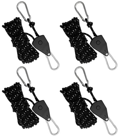 Skibetfo 4pcs Reflective Tent Guy Ropes with Pulley Heavy Duty 1/8 Rope Ratchet Hangers 4mm Cord Tent Guide Rope with Aluminum Adjuster Plant Grow Light Rope Hanger for Camping Hiking Awning