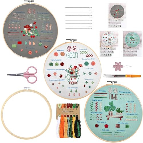 Kit da ricamo per principianti, 3 set da ricamo per adulti, impara 29 punti diversi per gli amanti del fai da te, include motivo floreale stampato, cerchio in bambù, fili colorati,