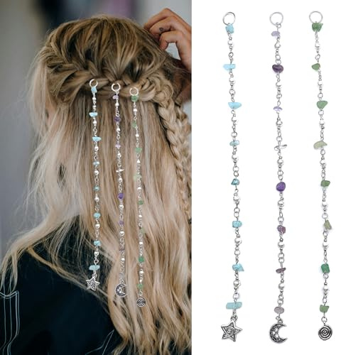 LIANCHEN 3-teilige Quaste Haarkette mit Perlen - Quaste Ketten Haarspangen Silbermond Haarkette Stern Quasten - Pferdeschwanz Haarketten Haarspangen Zubehör für Frauen & Mädchen (Farbe 1)