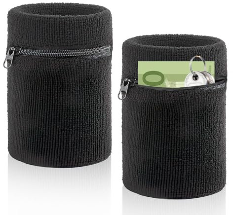 Schweißband mit Reißverschluss 2er Set, Sport Wristband Handgelenktasche mit Praktischer Reißverschlusstasche, Baumwoll Schweißband Arm für Jogging Basketball und Tennis Sport, Schwarz