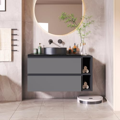 KAZZIO Mobile sottolavabo sospeso 80 cm di larghezza, con cassetti, con lavabo in ceramica, design moderno, colore: nero/grigio