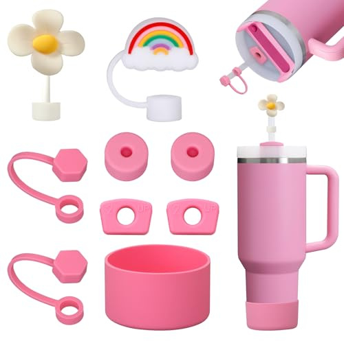 FOSFUKEER Stanley Cup-tillbehörsset, innehåller 6 läckagesäkra silikonproppar, 2 stycken halmlock, 1 silikonskal för Stanley Cup 1,2 l och 850 ml kopp, koppar ingår inte (antik rosa)