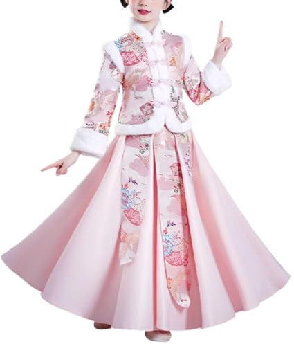 Robe traditionnelle chinoise pour fille avec broderie et robe de fée pour Nouvel An à manches longues ourlet en fourrure avec boutons chinois + jupes unies pour filles (rose, 11-12 ans)