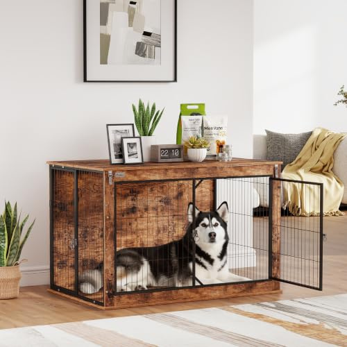 PawHut Dog Crate Furniture, Extra Large Pets 118 x 75 x 77cm Rustic Brown | Dog Cage End Table, Openable Top, Two Lockable Doors