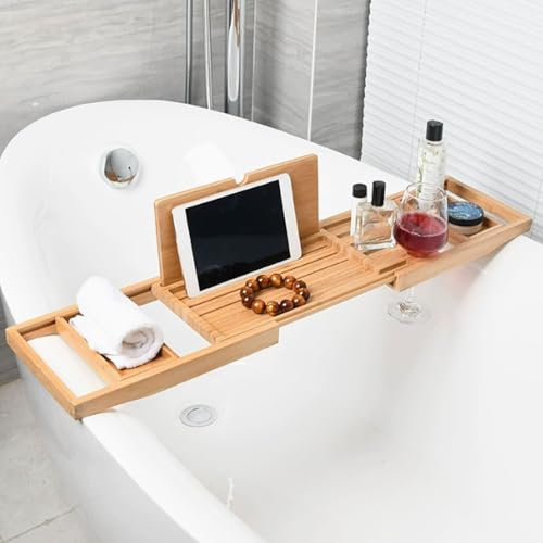 Vllentin Verstellbares Bathtub Tray,Badewannenablage,Badewannenbrett,ausziehbar 60–87 cm,aus Bambus,Multifunktionales,für Weingläser Tablet-Telefone Aromatherapie Kämme Kerze Badeprodukte