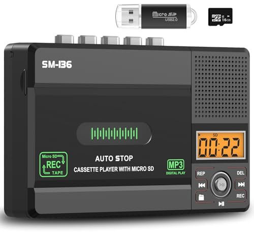 SEMIER Small Cassette Tape Player, USB C or SD Card Audio Cassette to MP3 Digital Converter, Record to Cassette/Computer/SD Card via Mic, LCD Display, Loud Speaker, Headphone Jack,16GB SD Card