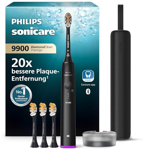 Philips Sonicare DiamondClean 9900 Prestige elektrische Zahnbürste, mit SenseIQ Technologie und App, 5 Putzmodi, 3 Intensitätsstufen, Reiseladeetui, schwarz, Modell HX9992/43
