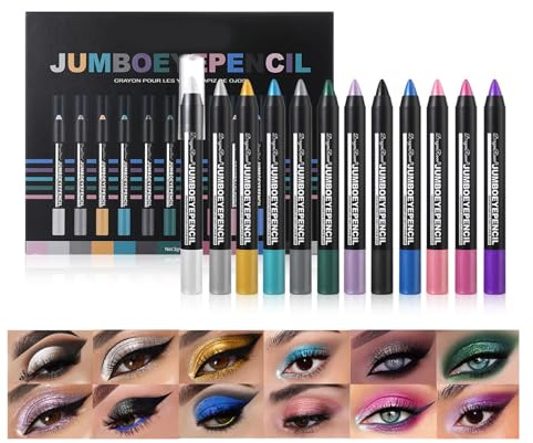 12pcs Hochpigmentierter-Schimmernder Lidschatten Stift Set-Glitter Schwarz/Gelb/Rosa/Grau/Blau/Grün/Lila, Langlebig,Wischfest & Verblendbar | Wasserfest,Schimmerstift für Augen/Liner/Highlight