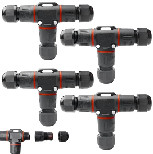 PRITOK 4-Pack IP68 Waterproof Junction Box Outdoor, 3 Way T-Shape Screw Type Cable Connector for Cable Diameter Ø3-12mm, Electrical Cable Protector for Landscape Lights/Billboards (Black) (4)