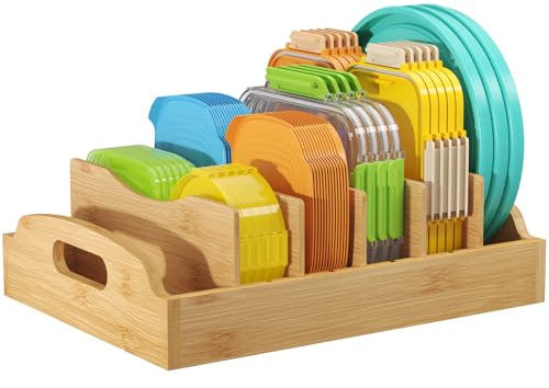 Lifewit Range Couvercle Bambou, Casserole Tiroir Cuisine avec 5 Séparateurs Réglables, Support Couvercles de Récipient de Stockage de Nourriture, Séparateur de Vaisselle Placard, 34 x 25 cm