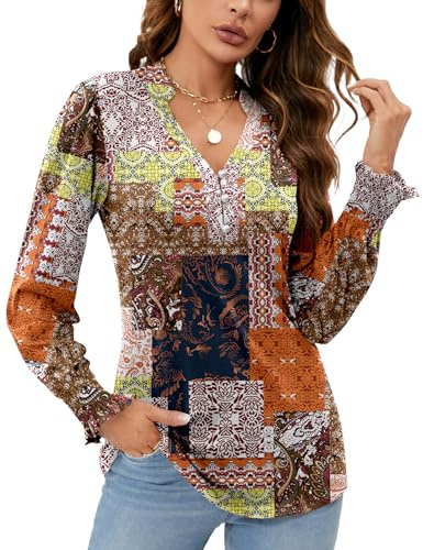 Rapbin Oberteile Damen V-Ausschnitt Knopfleiste Bluse Langarm Tunika Tops Elegant Casual Rüschenärmel T-Shirt Hemd Multiple Orange Blumen XL