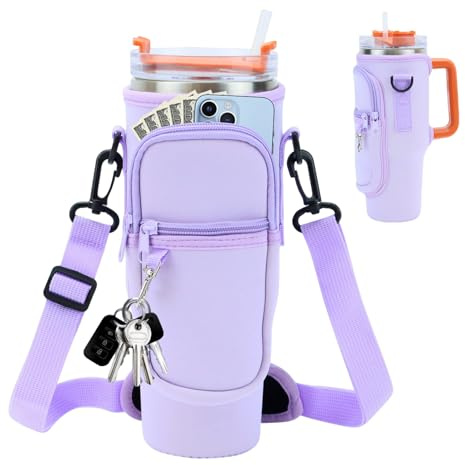 ShiningUU Adjustable Cup Holder Pouch with Phone Pocket, 40oz Cup Bag for Water Bottle Carrier Bag Compatible with Stanley Travel Cup Accessories, Beach Outdoor Cups Organizer, Purple Bottle Bags