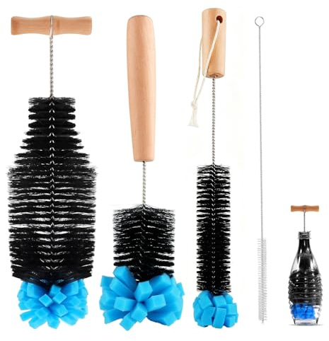 SneiDr Flaschenbürste für Glasflaschen 4 Stück Schwammkopf Kratzfrei Bürste Flaschenreinigung Edelstahl Bürstengriff Bürste Flaschen mit Strohhalmbürste ideal für Sodastream-Glas- und Babyflasche
