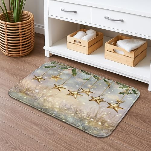 Tapete de baño de secado rápido con estrellas doradas y acebo, absorbente, antideslizante, de franela, lavable, para decoración de baño, 50 x 81 cm