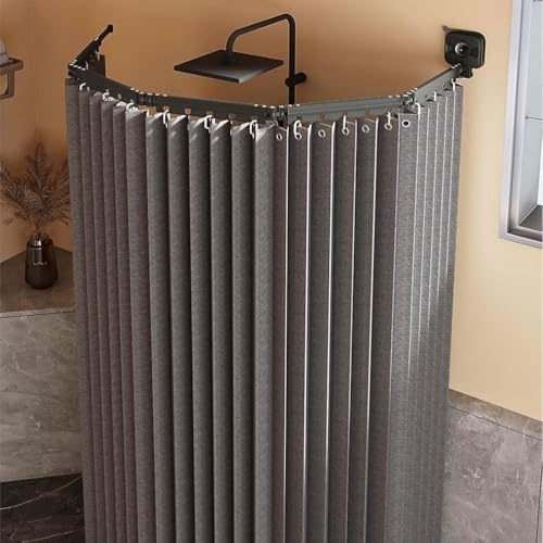 Generisch Duschvorhang Ohne Bohren Mit Stange, Duschvorhangstange L/U Form, Superstarker Saugnapf, Faltbarer Verstellbarer Winkel Schimmelresistent Duschvorhänge Für Badewanne,Dark Gray,2 Folds