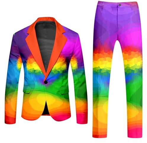 Generisch Rainbow, 2 pezzi, costume da carnevale da uomo, arcobaleno, Funky, tuta da uomo con blazer, pantaloni slim fit, tuta e pantaloni da tuta in due pezzi
