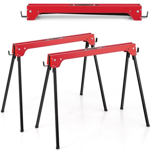 HOMFME Folding Saw Horse Twin Pack, Heavy Duty Metal Work Trestle Stands with Handle and Non-Slip Footpads, Portable Lightweight Workbench Sawhorse Pair, 454 kg Load Capacity (Red)