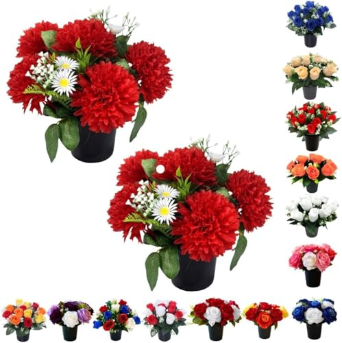 Pack 2 Artificial Flowers for Graves in Pots 25cm | 12 Head Red Daisies Grave Flower Pots for Christmas | Luxury Memorial Flowers for Graves, Funerals & Lasting Tributes | All Season Displays