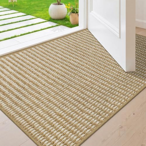 BEISIFLOOR Dirt Trapper Door Mat 20 x 32, Non-Slip Indoor Door Mats, Absorbent Washable Door Mat Indoor Entrance, Low-Profile Inside Doormat Floor Rugs for Entryway and Entry, Beige White (Fold)
