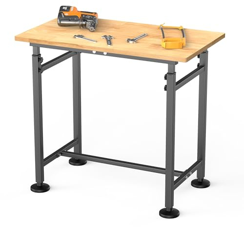 TORACK Adjustable Workbench with Rubberwood Top, 32 x 18 Heavy-Duty Garage Work Table, Height Adjustable 28–38, Supports Up to 1500 lbs