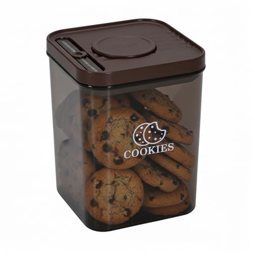 Punorric Biscuit Tin with Sealed Lid, 1.25L Plastic Airtight Biscuit Barrel for Kitchen, Time Recording Cookie Jar with Wide Mouth, Stackable Sweet Jar for Candy Buffet, Food Storage Container brown