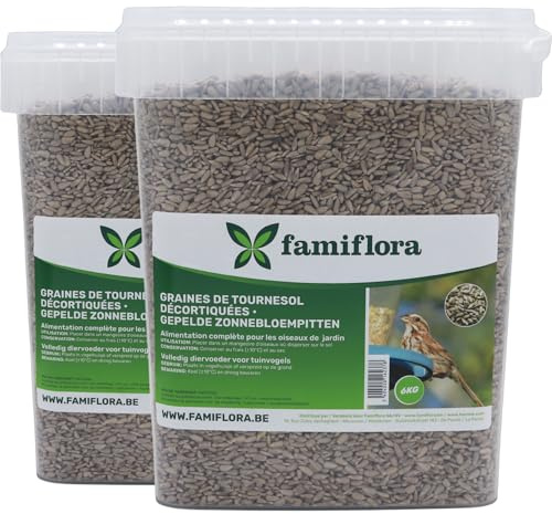 Famiflora Graines de tournesol décortiquées 12 kg (seau de 2 x 6 kg) - Sans pelage - Pas de déchets dans le jardin - Nourriture pour oiseaux de qualité supérieure - Haute teneur en huile