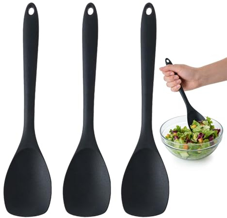 Juego de 3 Cucharas de Cocina de Silicona Negras, Resistentes al Calor hasta 210°C, 27,5 cm, Utensilios Seguros para Revestimientos Antiadherentes, Fácil de Limpiar y Almacenar