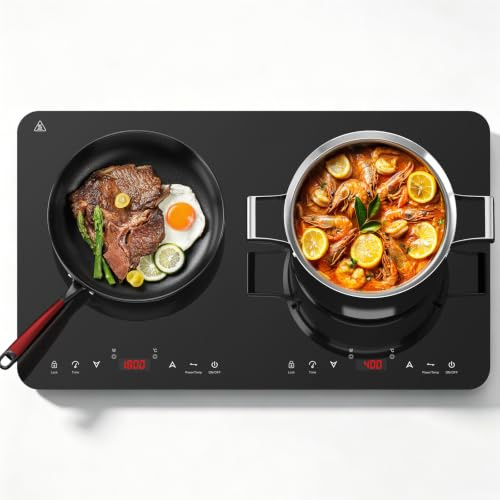 Aobosi Plaque de cuisson à induction, 2 plaques avec fonction maintien au chaud, 20 niveaux de température et 20 niveaux de puissance, minuterie, bouton Max & min, 3500 W, contrôle tactile par capteur