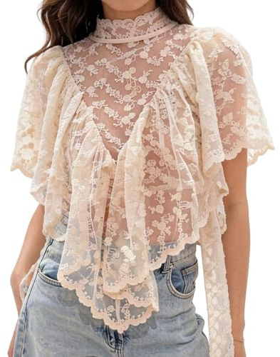 Yoisdtxc Women's Sheer Lace Blouse High Neck Ruffled Floral Embroidery Top with Tie Back for Feminine Flowy See-Through Cover Up