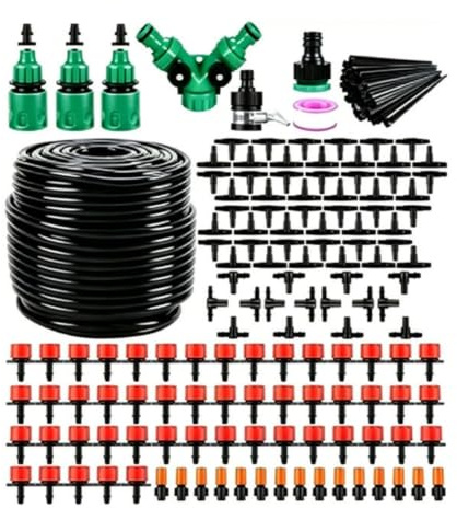 Toheitian Kit de de Riego por de 164FT, Tubo de 1/4, Aspersor Automático para Jardín, Invernadero, Patio y Césped.