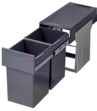 Hailo Tandem 3666101 – Einbau-Abfallsammler für Küchenschränke ab 30 cm, 2×15 L, Vollauszug mit Teleskopschienen, Mülltrennungssystem, Dunkelgrau