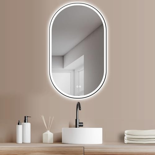 HOKO LED Antibeschlag Badspiegel oval 60x100 cm / 100x60 cm Ferrara. HOCH+QUER Montage. Design Spiegel mit Licht + schwarzem Rahmen. Mit Touch Schalter + LED Licht Wechsel-Warmweiß-Kaltweiß-Neutral
